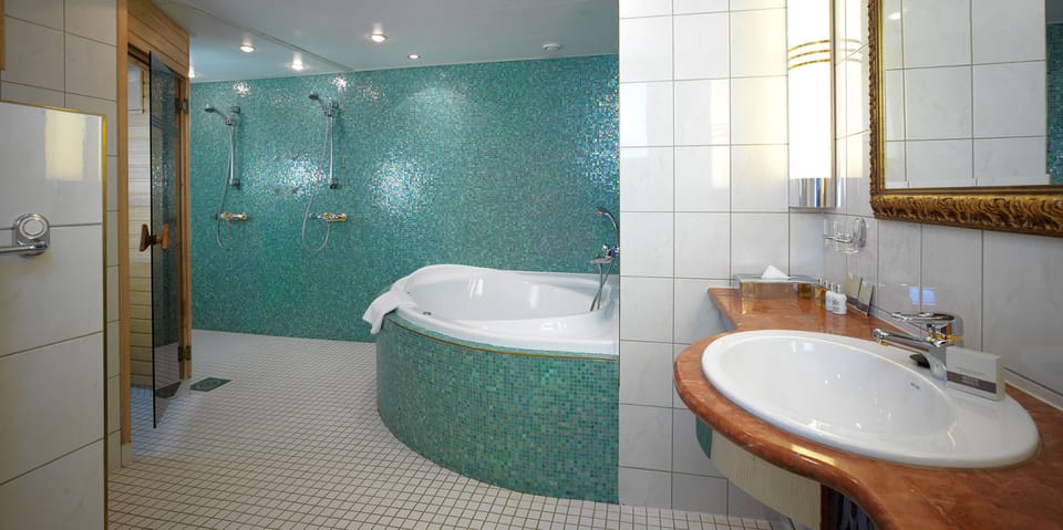 Shower, designer toiletries, hair dryer, towels