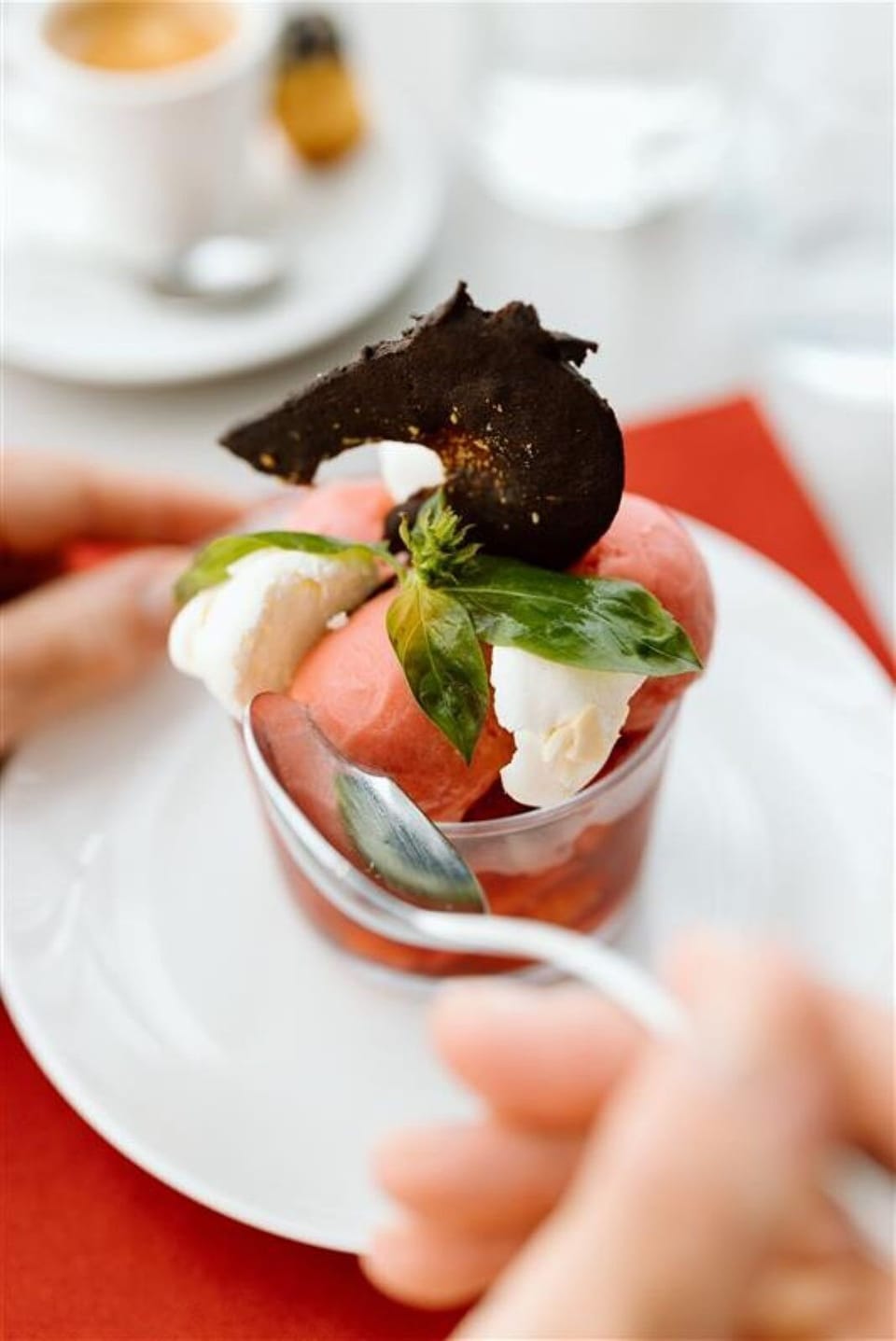 Sorbet and cream with a chocolate garnish from the on-site restaurant's three-course menu.