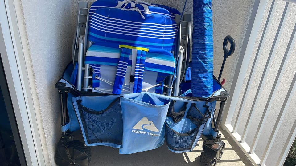 Beach Wagon with beach chairs and umbrella
