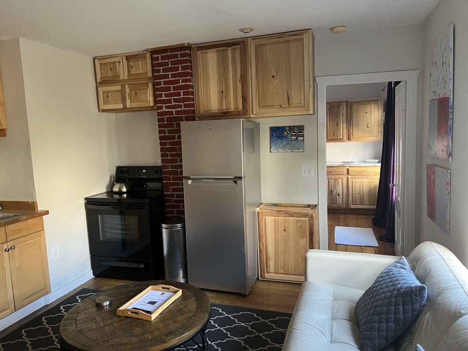 Living area with leather sofa, HDVT, and full kitchen