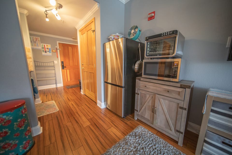 Large fridge, toaster oven and microwave