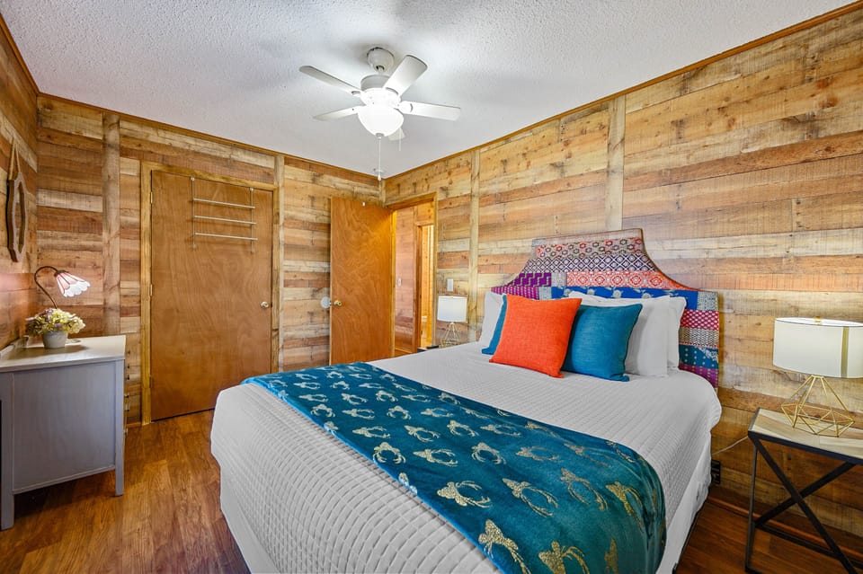Pictured is a queen bed, however recently replaced with a King Bed.