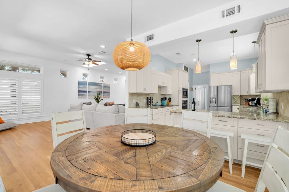 Our dining table offers seating for 6 and our bar top has seating for 3!