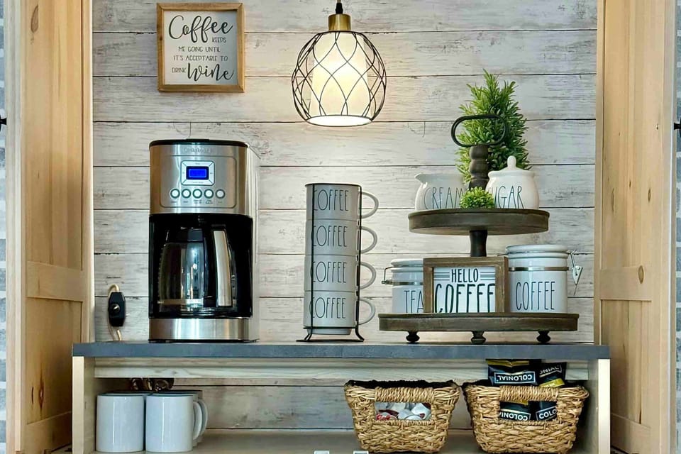 Kickstart your morning at our stocked coffee bar— complete with drip brewer, fresh coffee, and flavored creamers.