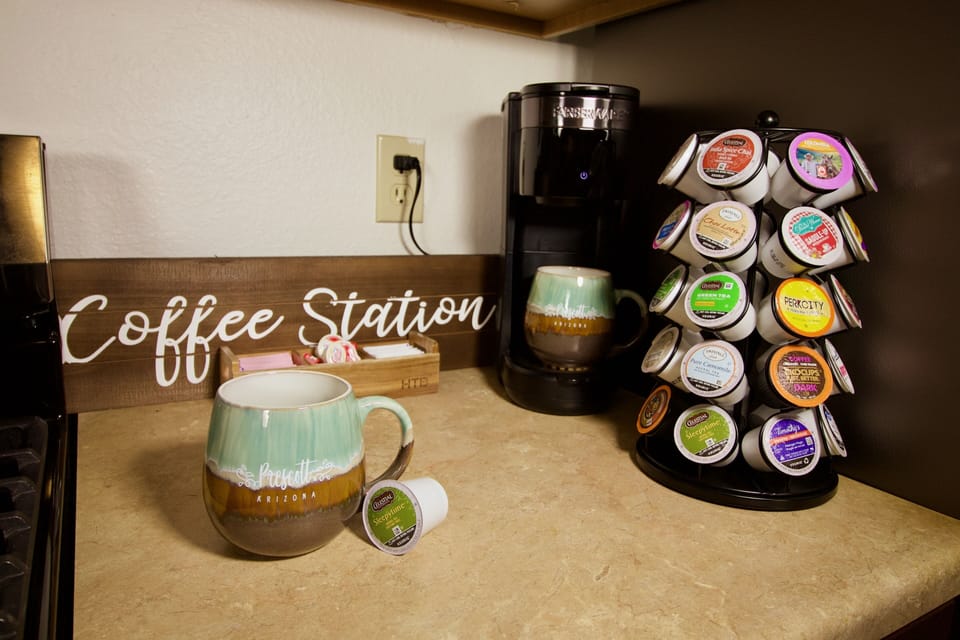 Coffee station with Keurig has a wide variety including herbal teas and decaf.