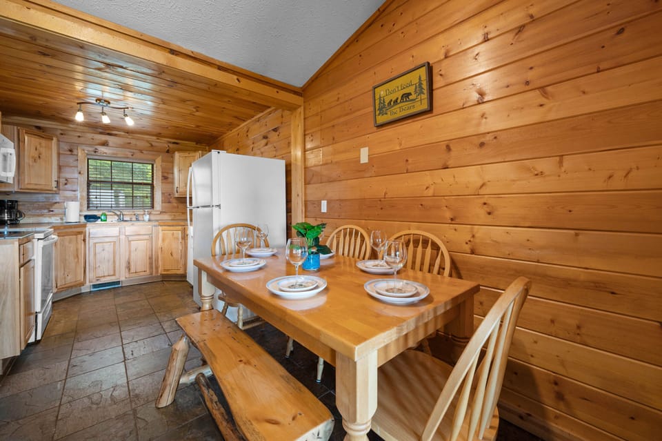 The dining room table is a great place to sit and eat while telling stories. 