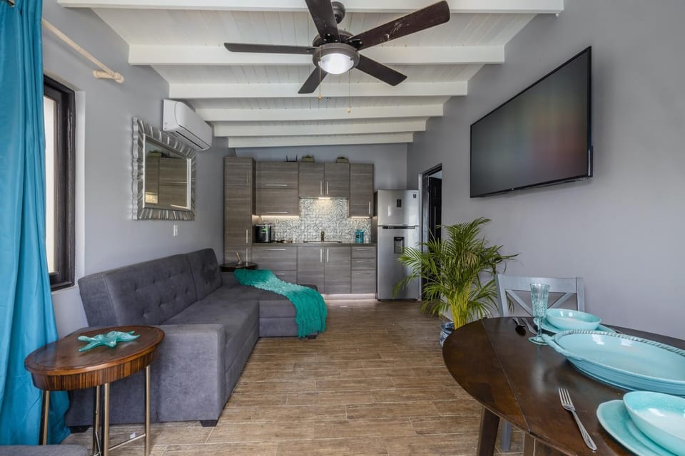 This could be your favorite spot. A sofa, a small dining area, and a kitchenette with a fridge are available. There is also an air conditioner and a ceiling fan.