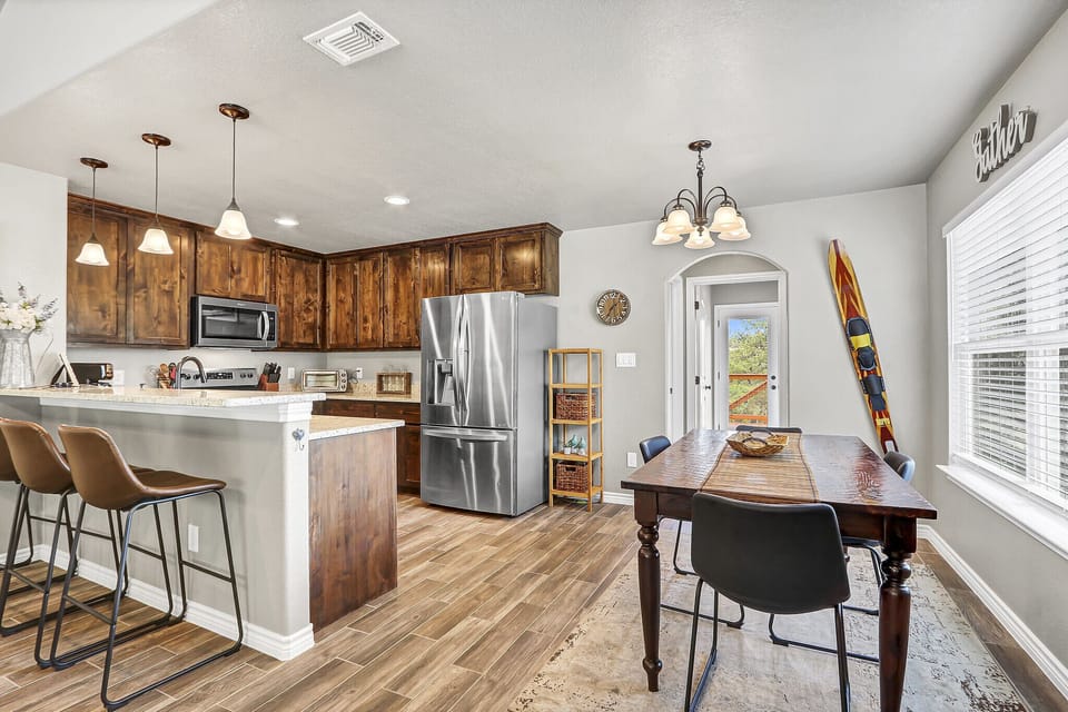 Looking toward the rear exit of the home from the living area.