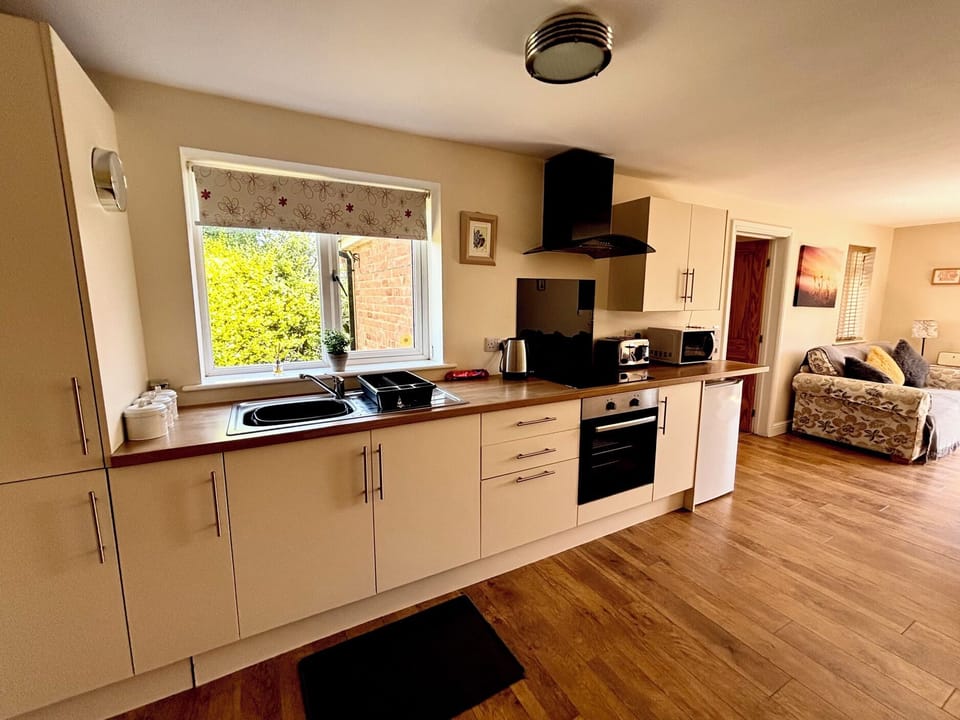 Fridge, microwave, electric kettle, toaster