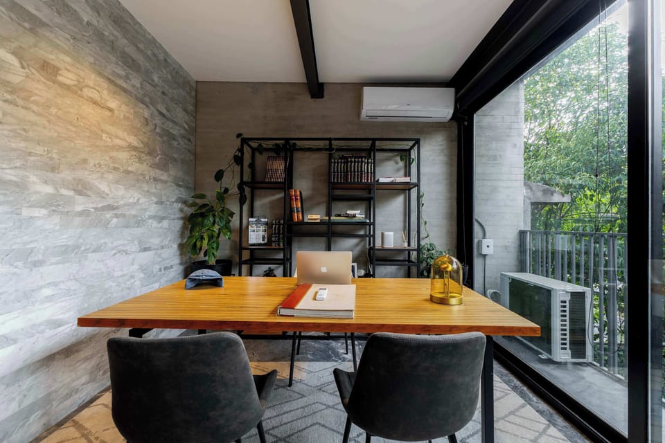 Work comfortably with a dedicated desk and chair.


