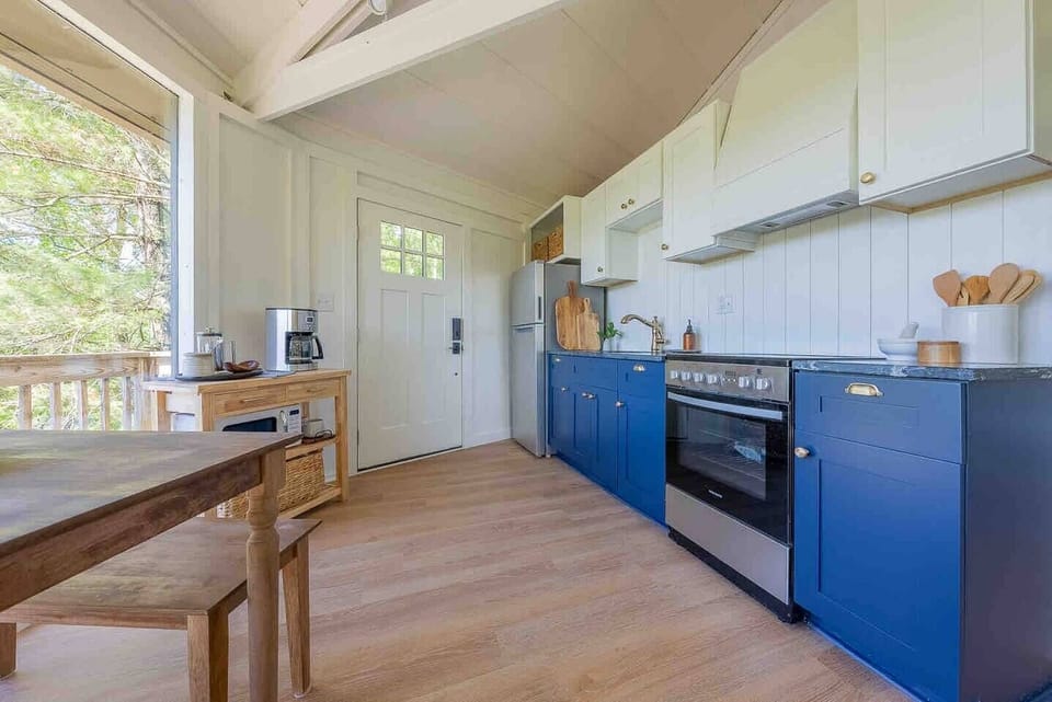 The kitchen opens up to the dining space and living room. 