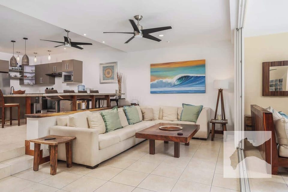 Tropical-inspired decor and beachy vibes throughout