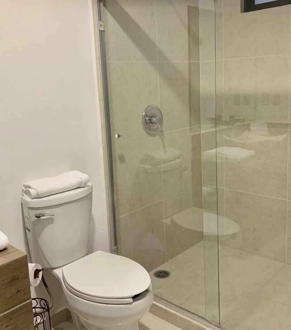 Shower, hair dryer, bathrobes, towels