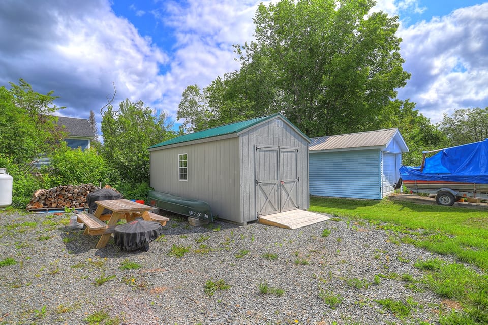 Shed, picnic table, firepit, grill