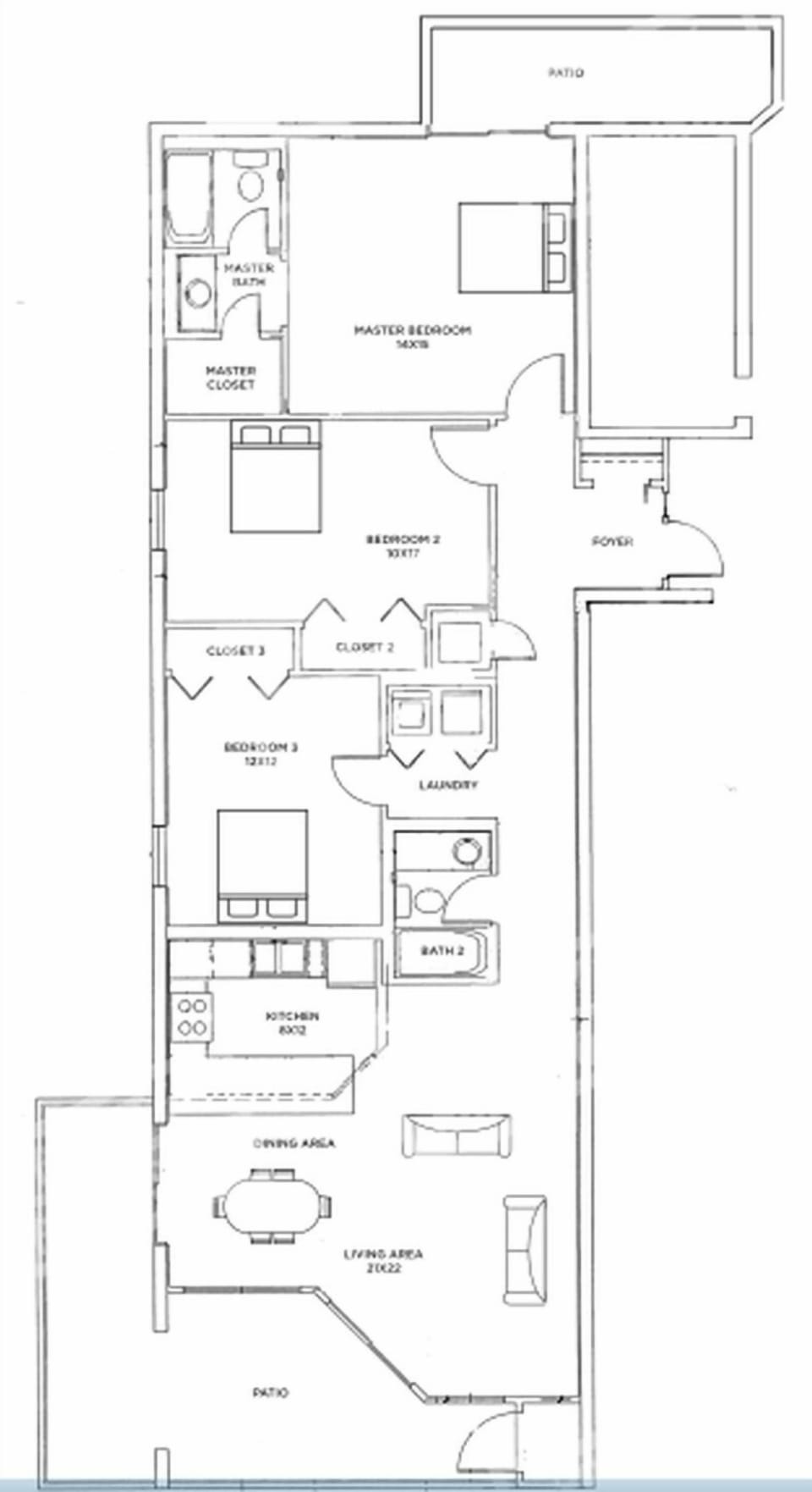 Floor plan showcasing a three-bedroom, two-bath residence with an open living area, dining space, and modern kitchen layout