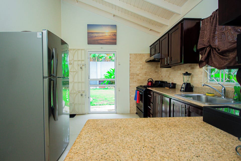 kitchen w/ screen-door to backyard grilling area