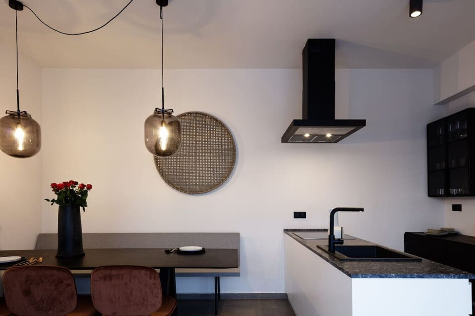 Open kitchen with dining space.