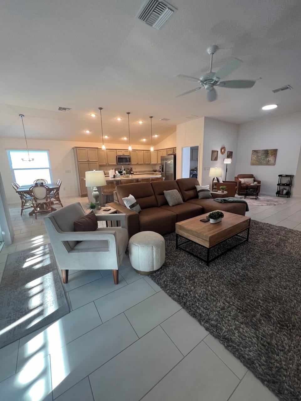 Open floor plan, living room open to large kitchen