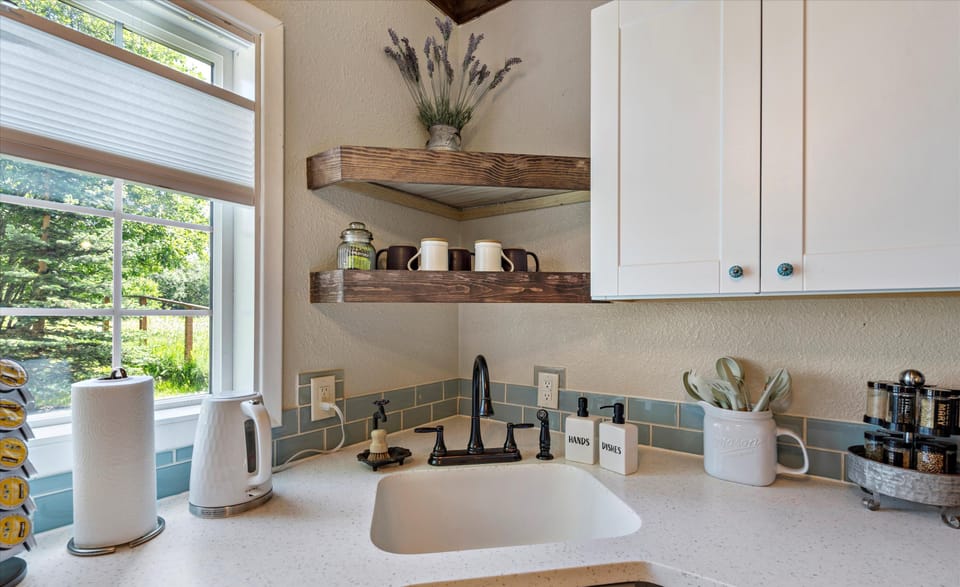 The kitchen is stocked up with everything you need to be comfortable during your stay. We provide glass for indoor use, and plastic if you choose to enjoy the firepit outdoors!The kitchen is stocked up with everything you need to be comfortable during your