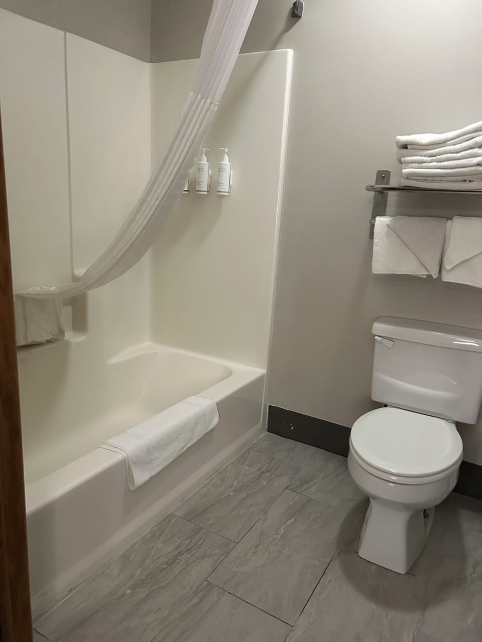 Combined shower/tub, free toiletries, hair dryer, towels
