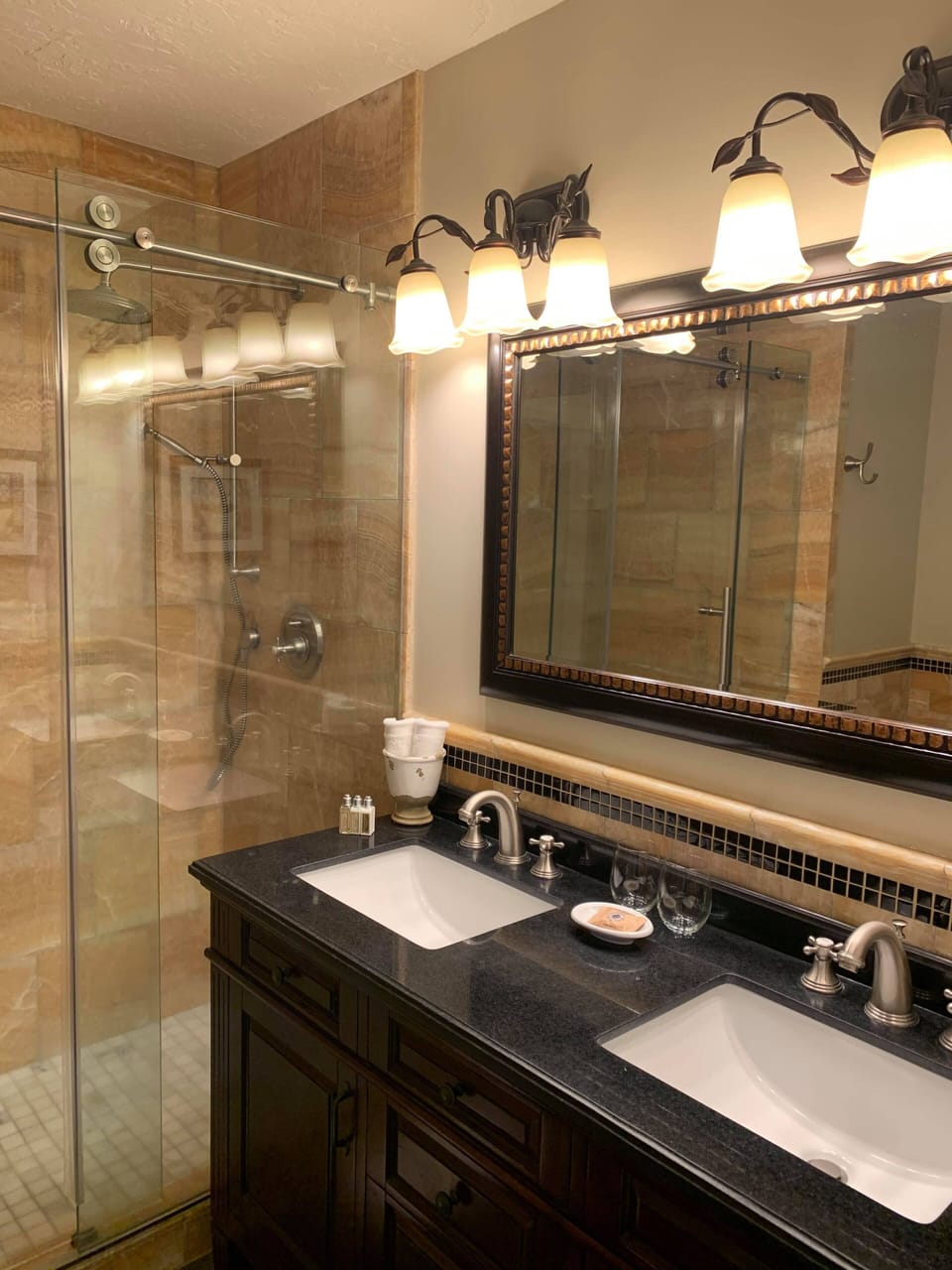 Rainfall showerhead, designer toiletries, hair dryer, bathrobes