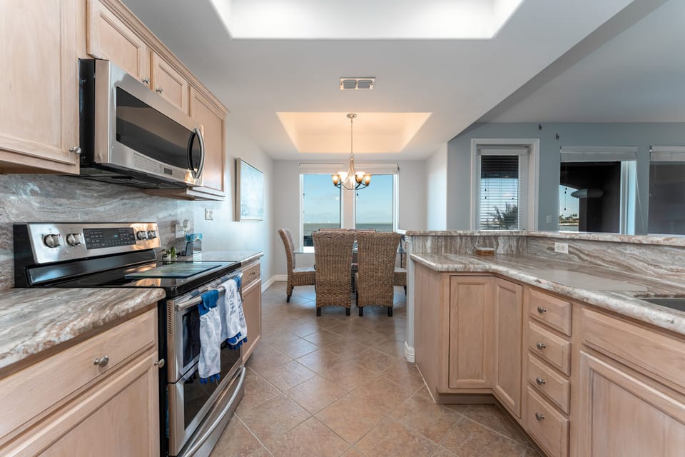 Kitchen looking into dining area