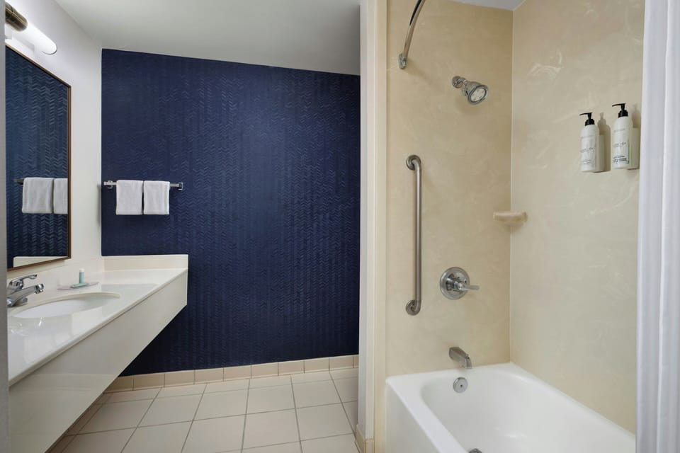 Combined shower/tub, free toiletries, hair dryer, towels