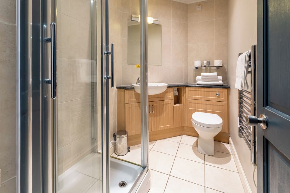 Combined shower/tub, free toiletries, hair dryer, towels