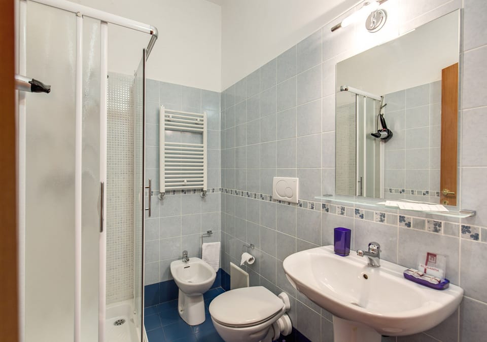 Shower, free toiletries, hair dryer, towels