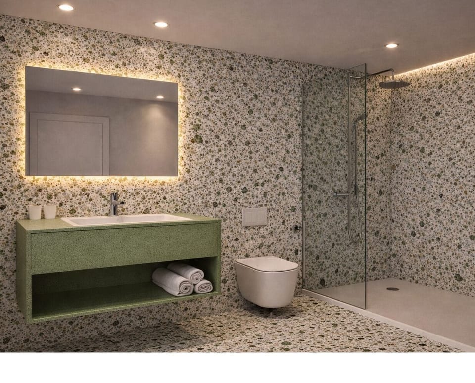 Shower, rainfall showerhead, hair dryer, slippers