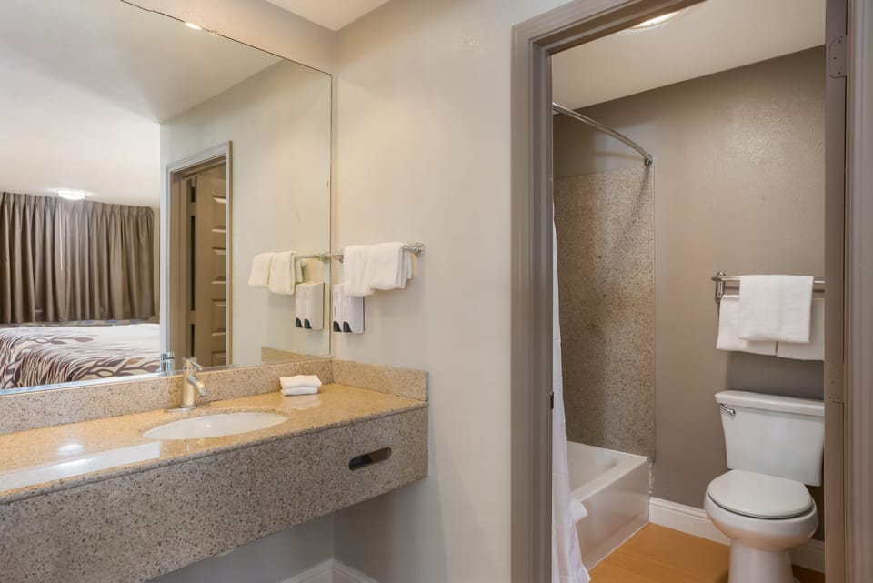 Combined shower/tub, free toiletries, hair dryer, towels