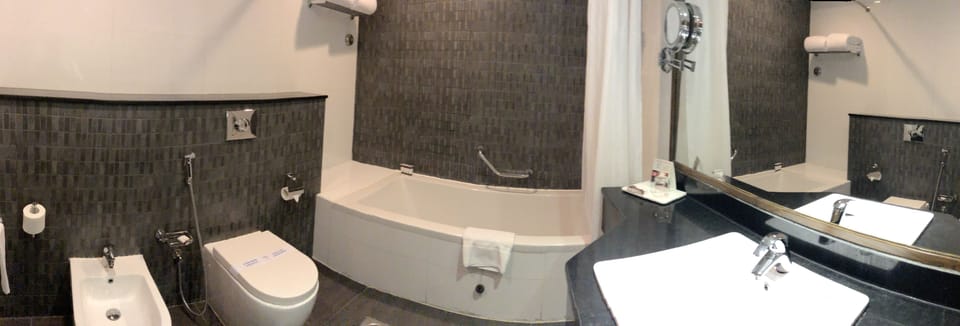 Combined shower/tub, eco-friendly toiletries, hair dryer, bathrobes