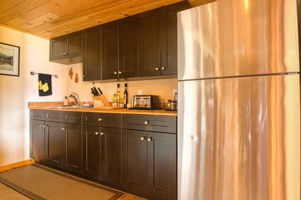 The kitchenette is setup with a fridge and toaster.