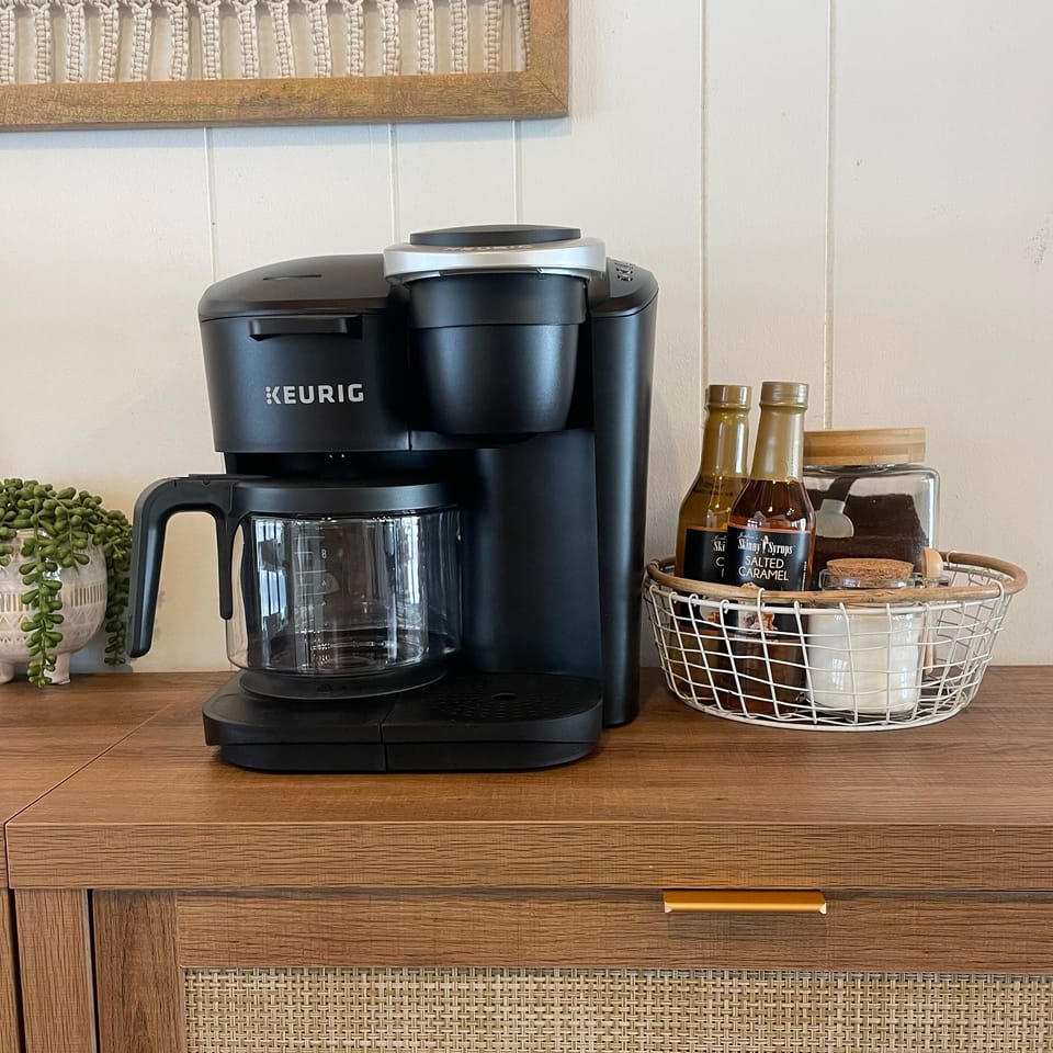 Coffee bar provided. Stocked with coffee, creamer, syrups, tea and more!