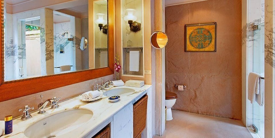 Separate tub and shower, deep soaking tub, designer toiletries