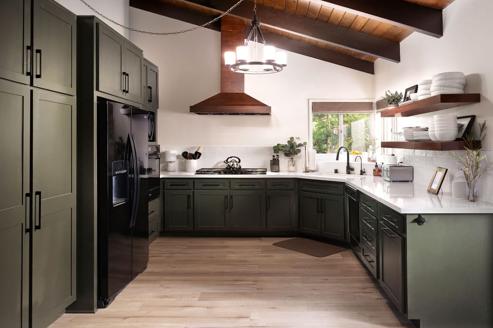 Fully equipped kitchen with extensive coffee bar, appliances, and pantry items