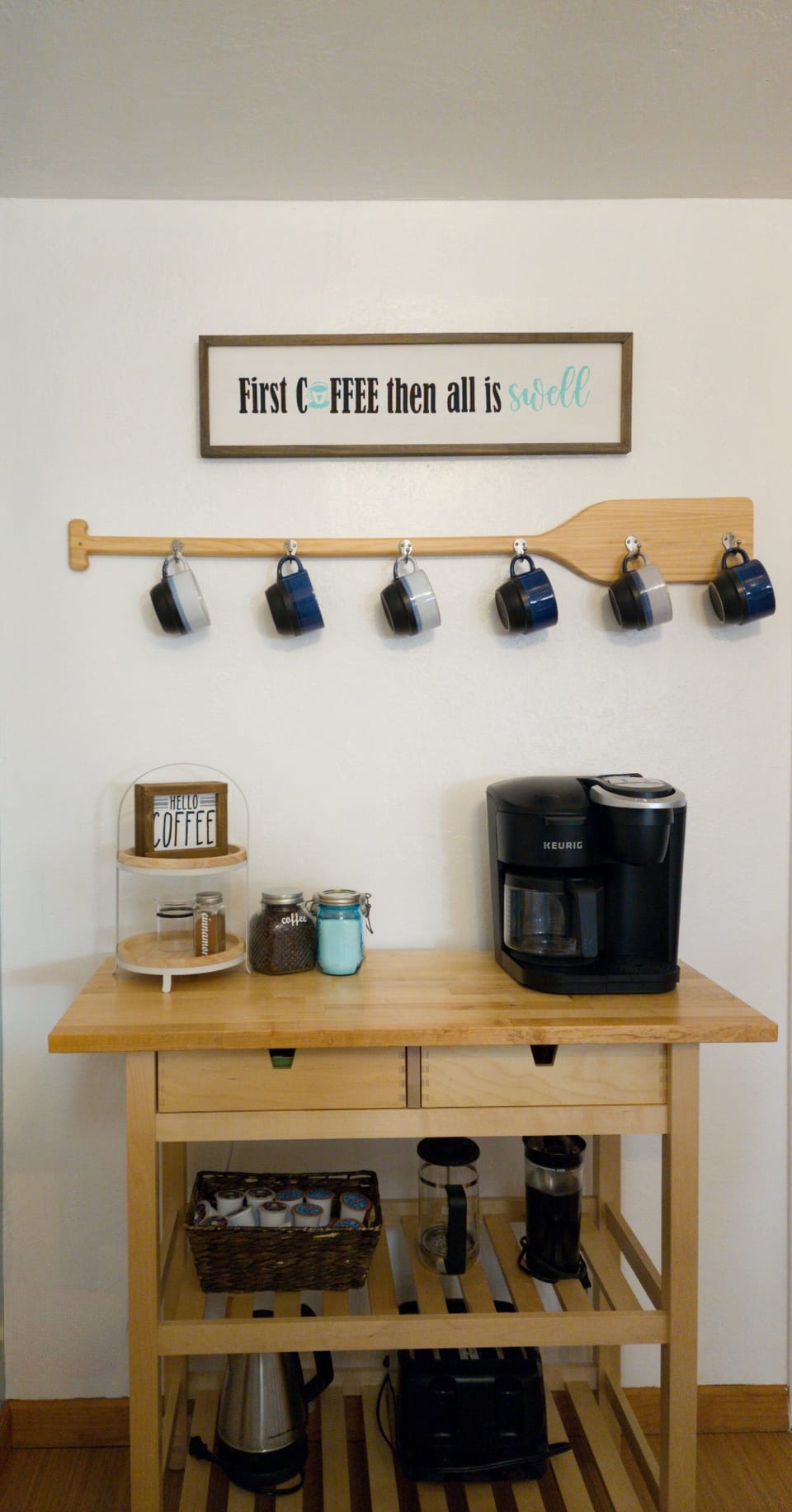 The coffee bar offers a drip machine, single serve, French press and tea. 