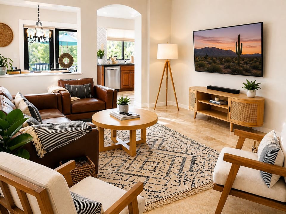 Relax in bright, open living spaces with plush seating and Smart TV.