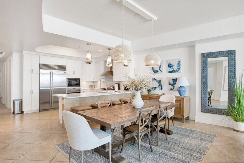 Rustic touches add a cozy vibe to our dining area with a large table that can comfortably seat 6.