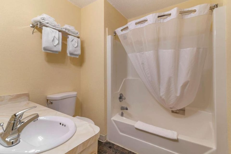 Combined shower/tub, free toiletries, hair dryer, towels