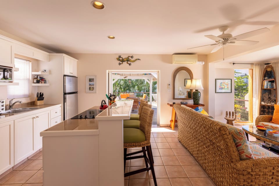 A breakfast bar separates the open-plan layout on the main floor/ garden suite 