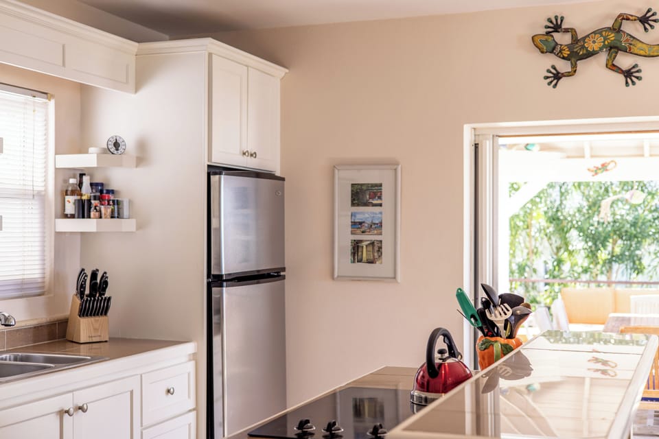 The well-equipped main floor/ garden suite kitchen has recently had a makeover