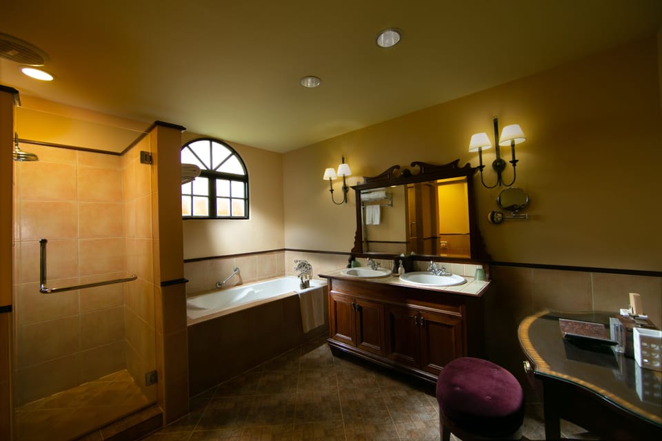 Separate tub and shower, free toiletries, hair dryer, bathrobes