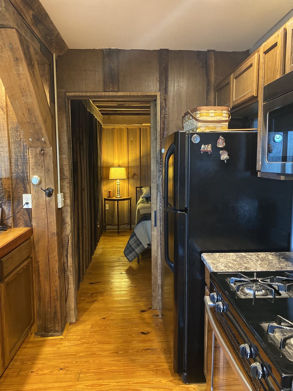 Master bedroom off of the kitchen. 