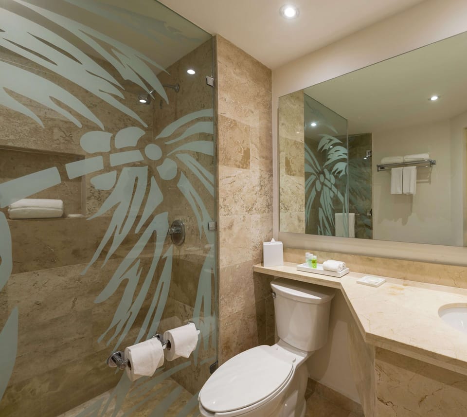 Combined shower/tub, eco-friendly toiletries, hair dryer, towels