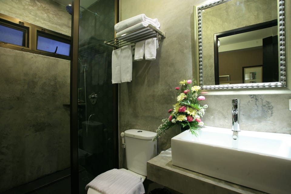 Shower, free toiletries, hair dryer, towels