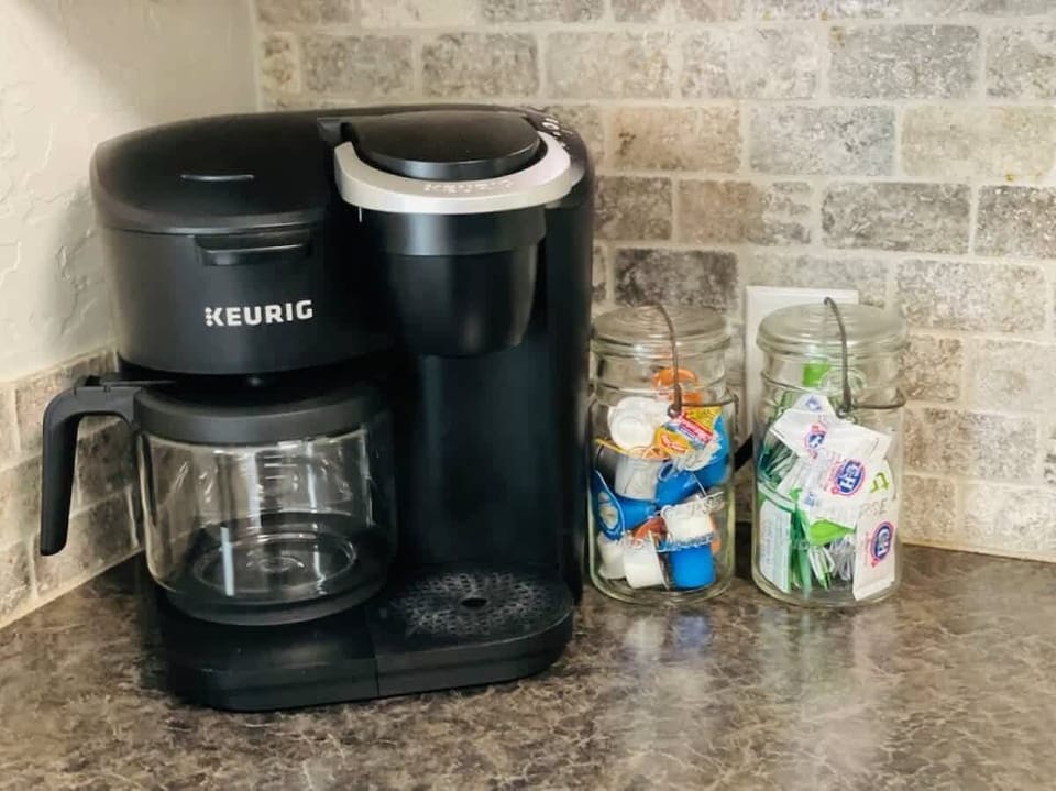 Coffee bar with Keurig cups or regular drip options 