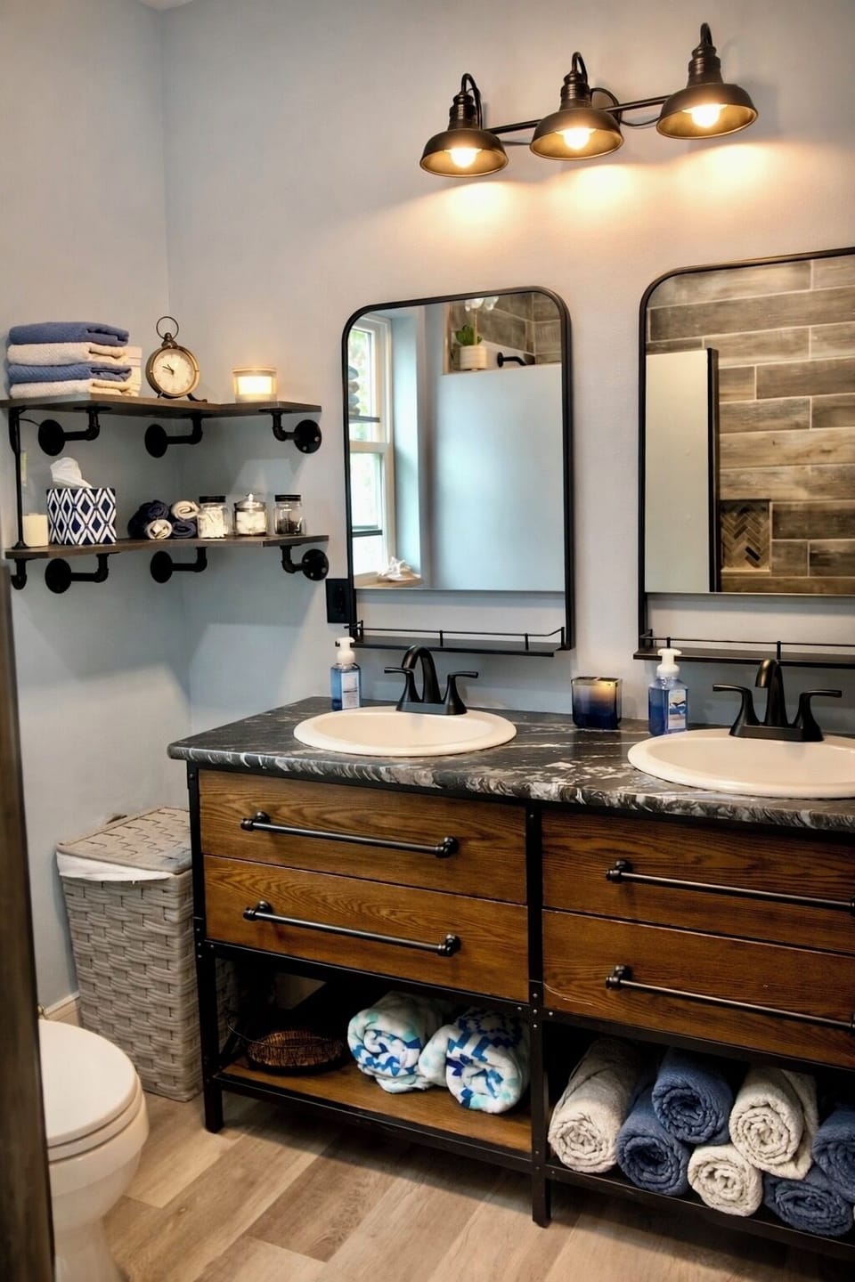 Double sink granite vanity. Bath and Beach towels provided. Hairdryer and Soaps