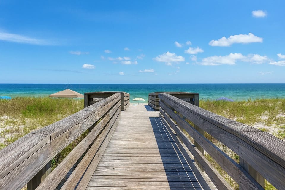 A warm welcome to the coast! The beautiful deeded beach access for Gulf Shores Surf and Racquet Club is your exclusive gateway to the stunning beaches of Gulf Shores.