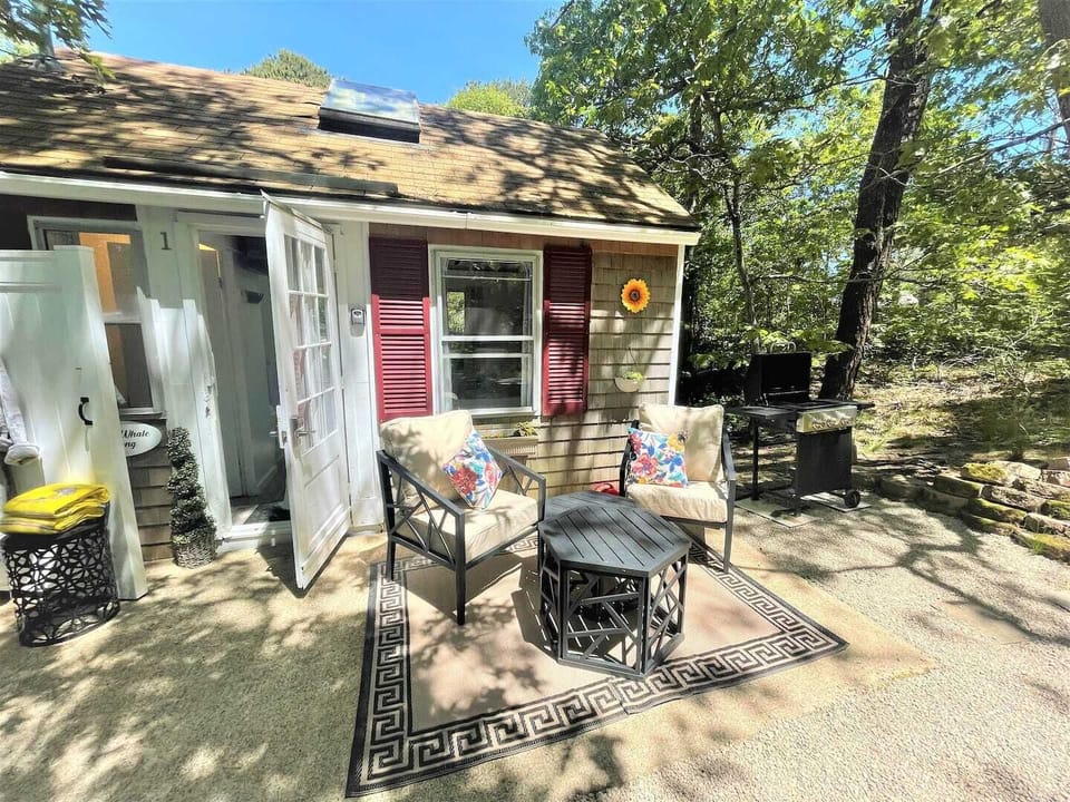 Patio with grill and dinette set for two